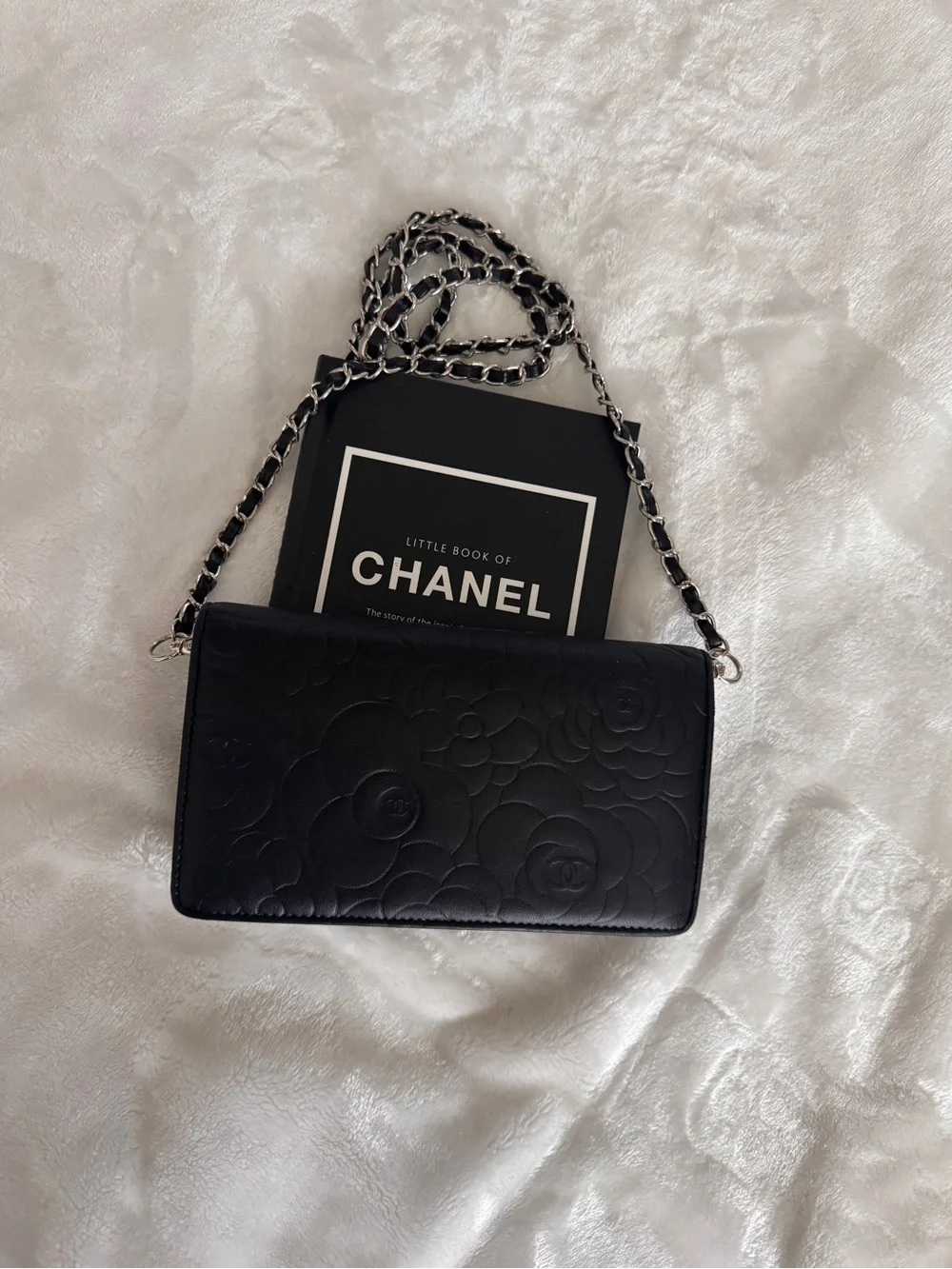 Authentic Chanel Black Camellia Quilted Leather Chain Wallet